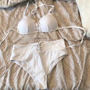 White cross high waist bikini